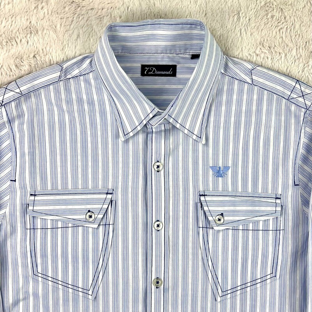 7 Diamonds Shirt Men's LARGE Blue Striped Button Long Sleeve Western Military‎